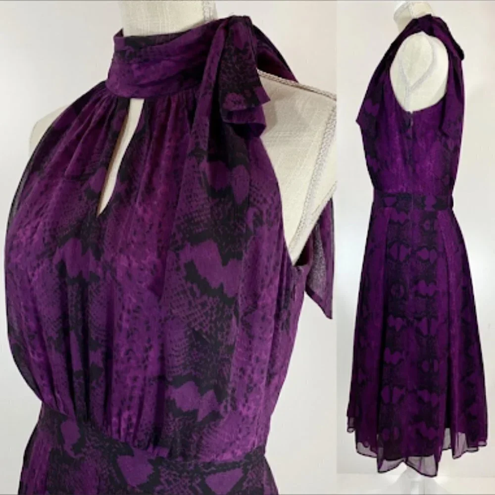 White House Black Market Purple A-line Bow Neck Dress